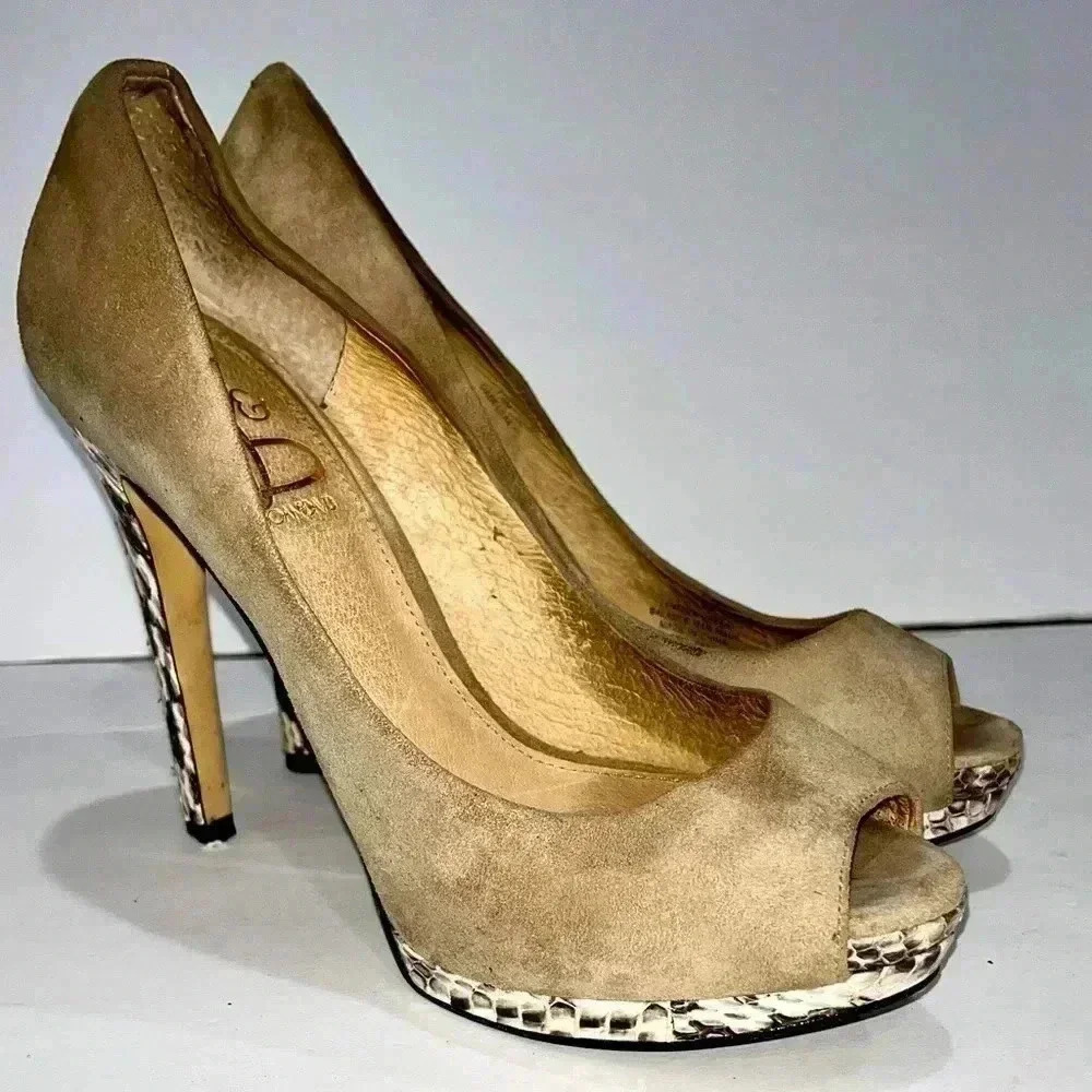 Joan and David Dadelsa peep toe suede and snake heel shoes Italian made